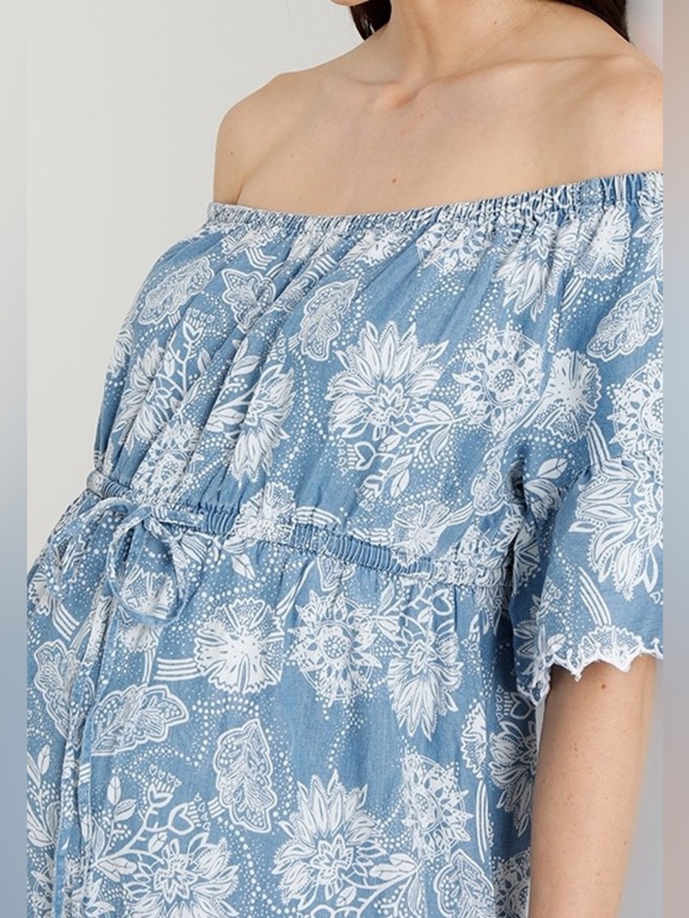 Gap Off-Shoulder Blue Floral Maternity Dress in TENCEL - Picture 5 of 6
